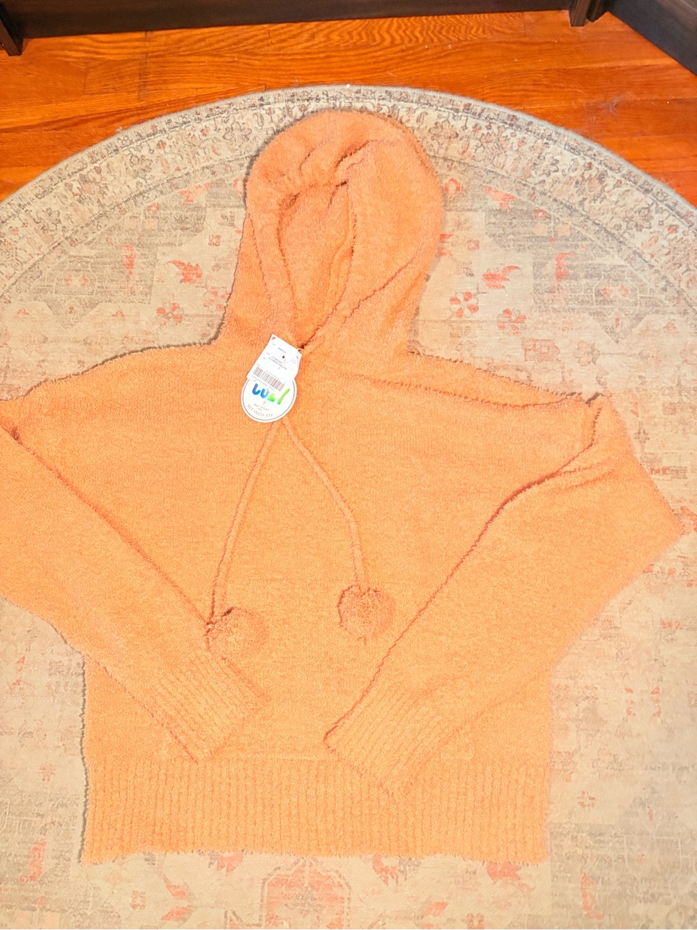 Say What? Plush Hooded Pom-Pom Sweater in Peach-Orange